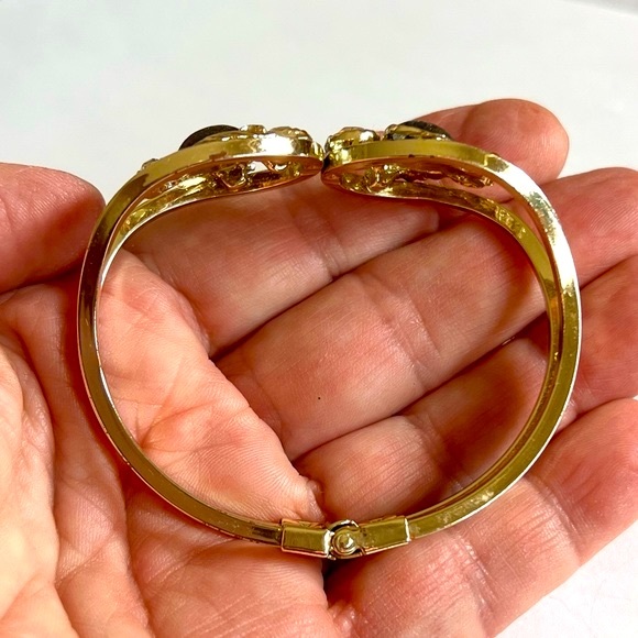 Vintage Hinged Clamper Style Bracelet AB Rhinestones Gold Tone Setting - Picture 6 of 13